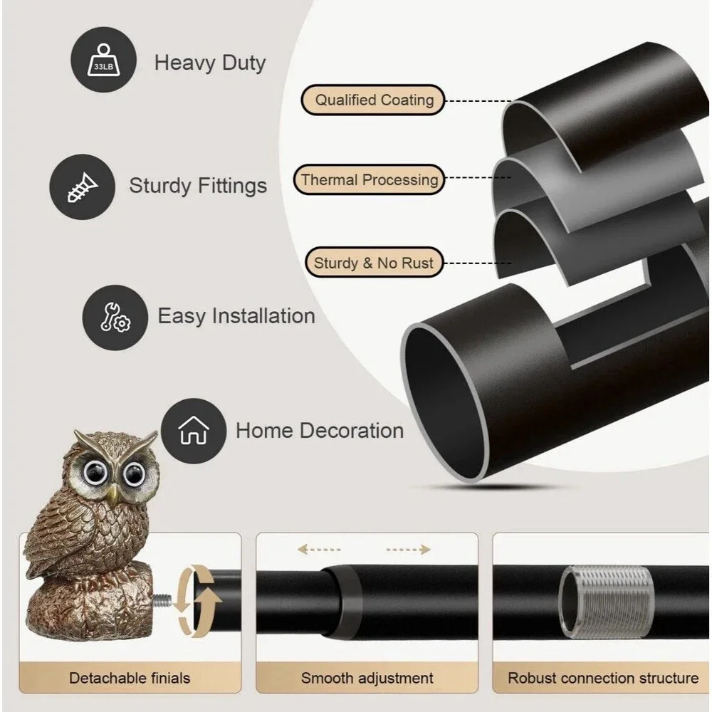 2 Pack Vintage Black Curtain Rods Owl Finials Adjustable 28-48” Heavy Duty